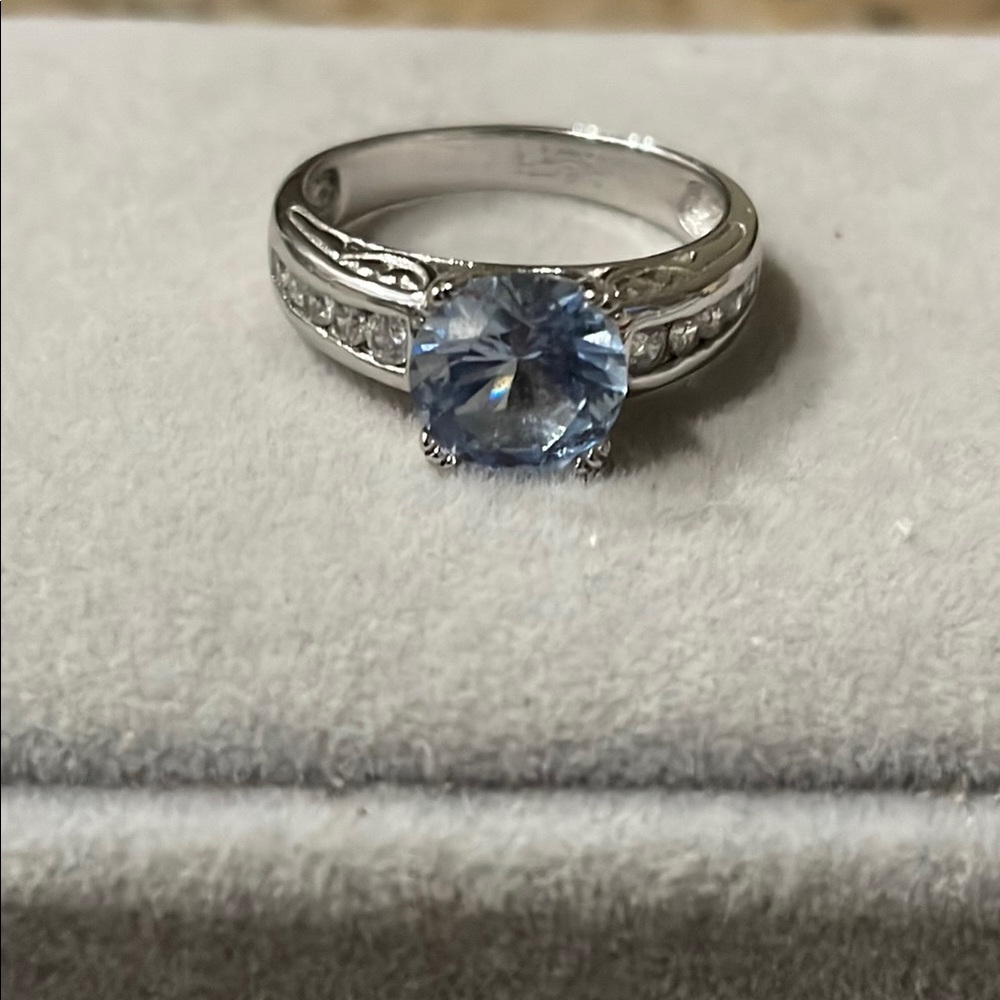 925 Sterling Silver Aquamarine & Cubic Zirconia Ring